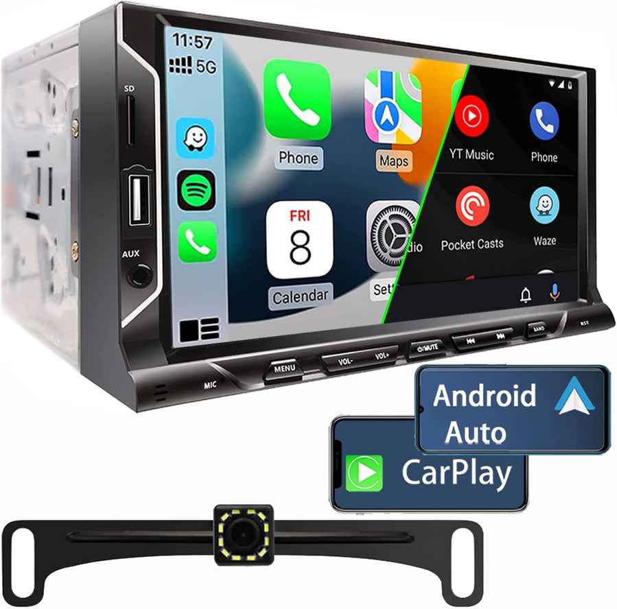 Leadfan 7 Inch Double Din Car Stereo - Supports Apple CarPlay, Android Auto, Mirror Link - Capacitive Touchscreen Monitor - Car Play Radio with Bluetooth 5.0, FM Radio, USB/TF/AUX Port, Backup Camera, Remote Control